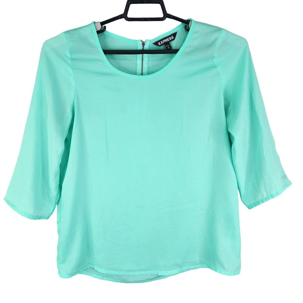 Women's Express Mint Green Blouse Top 3/4 Sleeve Round Neck zip back S